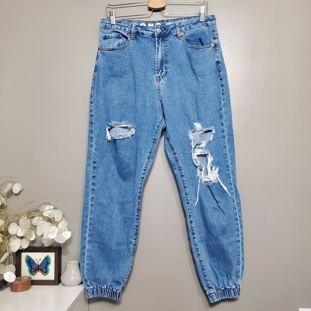 S.O.N.G. Jeans 5 Pocket Jogger Juniors Size 11/30 Blue Denim Distressed Stretch